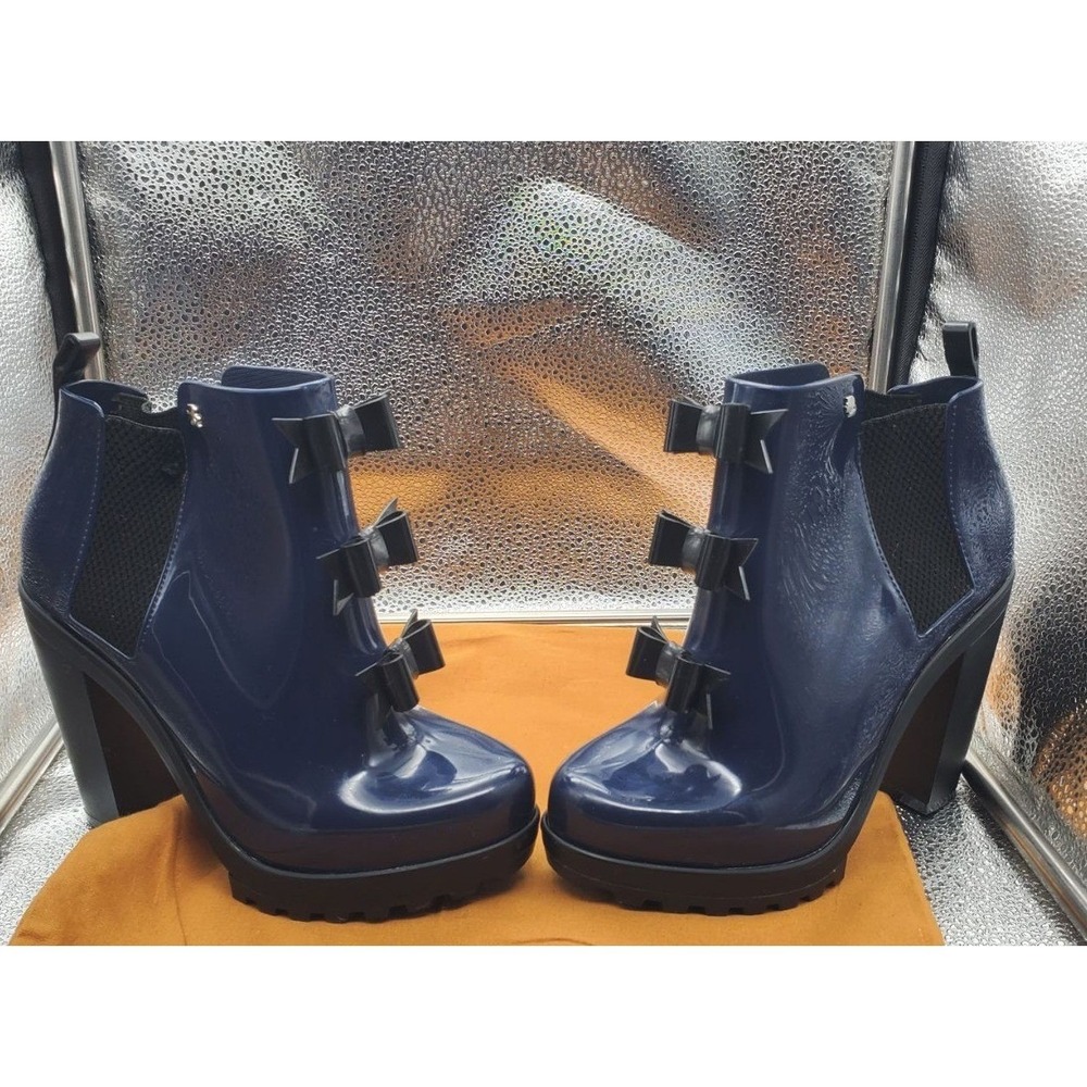 Melissa Karl Lagerfeld Boots Womens 6 Blue Bow Chelsea Ankle Rain Heel Platform